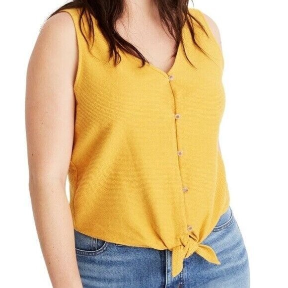 Madewell Texture and Thread Top Button Front Tie Tank Sleeveless Mustard Women L - Picture 1 of 13